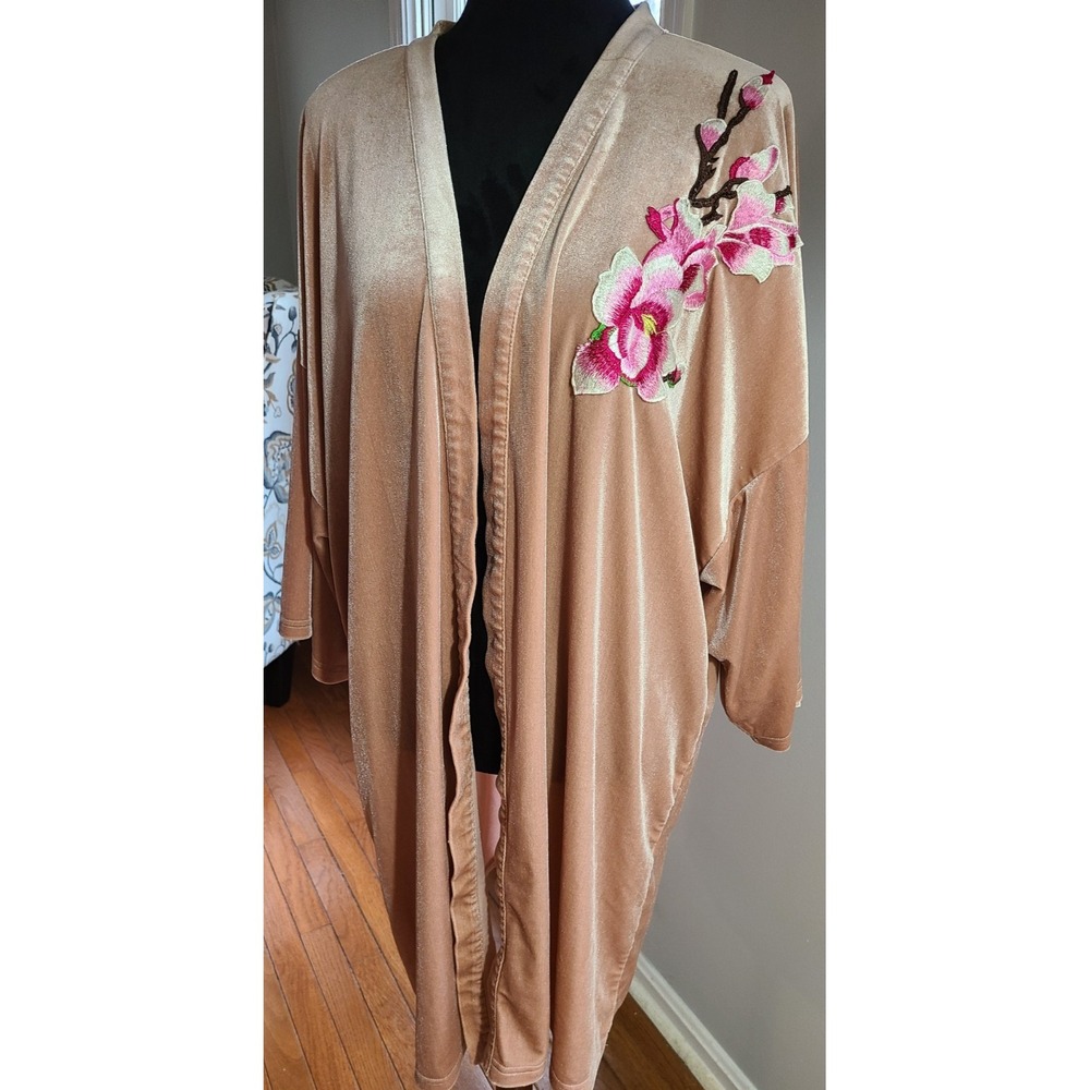 Charlotte Russe Floral Open Front Velvet Kimono Cardigan Embroidered Floral 3X